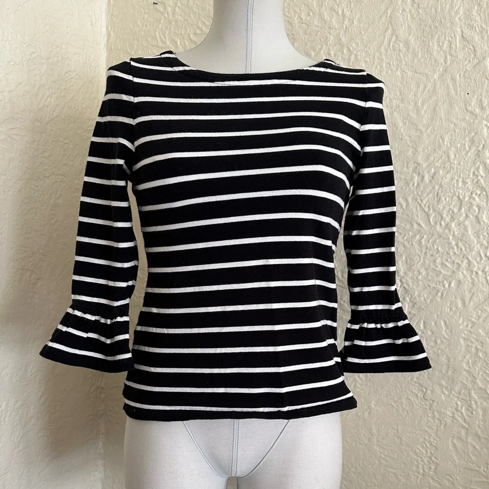 Kate Spade Broome Street Black White Stripe Three Quarter Bell Sleeves Top Small